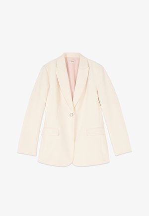 Kremfarvet skræddersyet blazer med enkelt sølvknap, hakkede revers, lange ærmer og to lommer med klap foran.