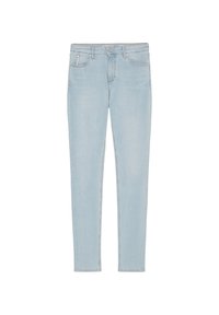 Vaqueros de mezclilla azul claro con un corte slim, que cuentan con una cremallera, cinco bolsillos y sutiles acentos de costura. Textura suave. Sin adornos.
