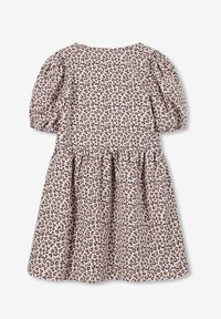 Leopardenmusterkleid mit kurzen Puffärmeln, Rundhalsausschnitt, gerafftem Taillenbereich und ausgestelltem Rock in Beige- und Brauntönen.