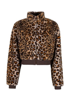 Izgriezta leoparda raksta jaka, kas izgatavota no plīša auduma, ar augstu apkakli, priekšējo rāvējslēdzēju un ribotām piedurknēm un apakšmalu tumšākā tonī.