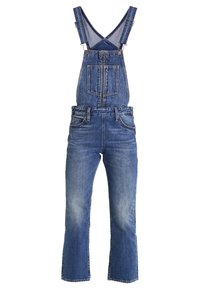 Denim overalls featuring adjustable straps, front chest pocket, and wide-leg fit. The fabric is a faded blue with slight distressing.