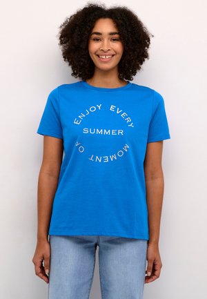 Blue cotton t-shirt with short sleeves, featuring white circular text design that reads "ENJOY EVERY MOMENT OF SUMMER." Plain background.