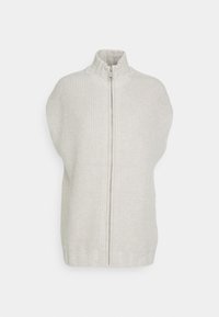 Ärmelloser Strickpullover in Hellgrau mit hohem Kragen und Frontreißverschluss, der eine gerippte Struktur und eine einheitliche Farbe aufweist.