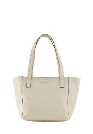 Borsa tote beige con motivo geometrico in rilievo, doppio manico e cuciture nere. Presenta un logo sottile sul davanti.