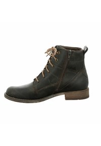 Bottes chelsea en cuir vert foncé, à bout arrondi, avec lacets marron, fermeture éclair sur le côté et semelle texturée marron. Design minimaliste avec des détails de couture.