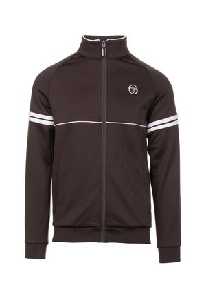 Bruine zip-up trainingjacket met hoge kraag, witte horizontale strepen, zijzakken en logo op de borst. Soepele stoftextuur.