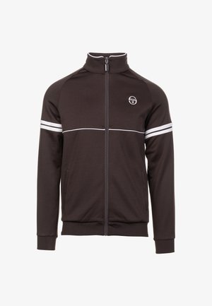 Bruine zip-up trainingjacket met hoge kraag, witte horizontale strepen, zijzakken en logo op de borst. Soepele stoftextuur.