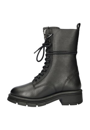Black leather ankle boot with a textured finish, lace-up front, zipper detail, and a chunky rubber sole. Sturdy construction with reinforced seams.