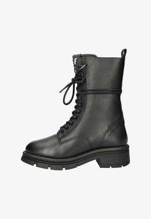 Zwarte leren enkelboot met een gestructureerde afwerking, vetersluiting aan de voorkant, ritsdetail en een stevige rubberen zool. Stevige constructie met versterkte naden.