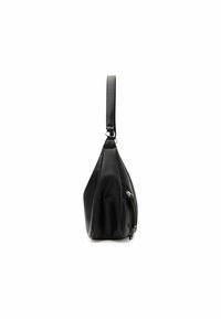 Black leather bag with a textured finish, elongated shape, and a long shoulder strap. Features a side zip pocket for storage.