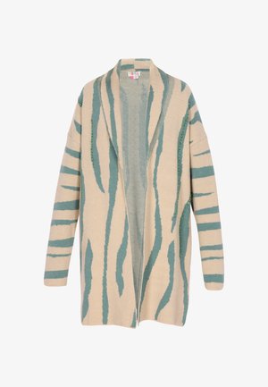 Beige cardigan with teal tiger stripes, open front design, long sleeves, and textured accents along the edges and seams.