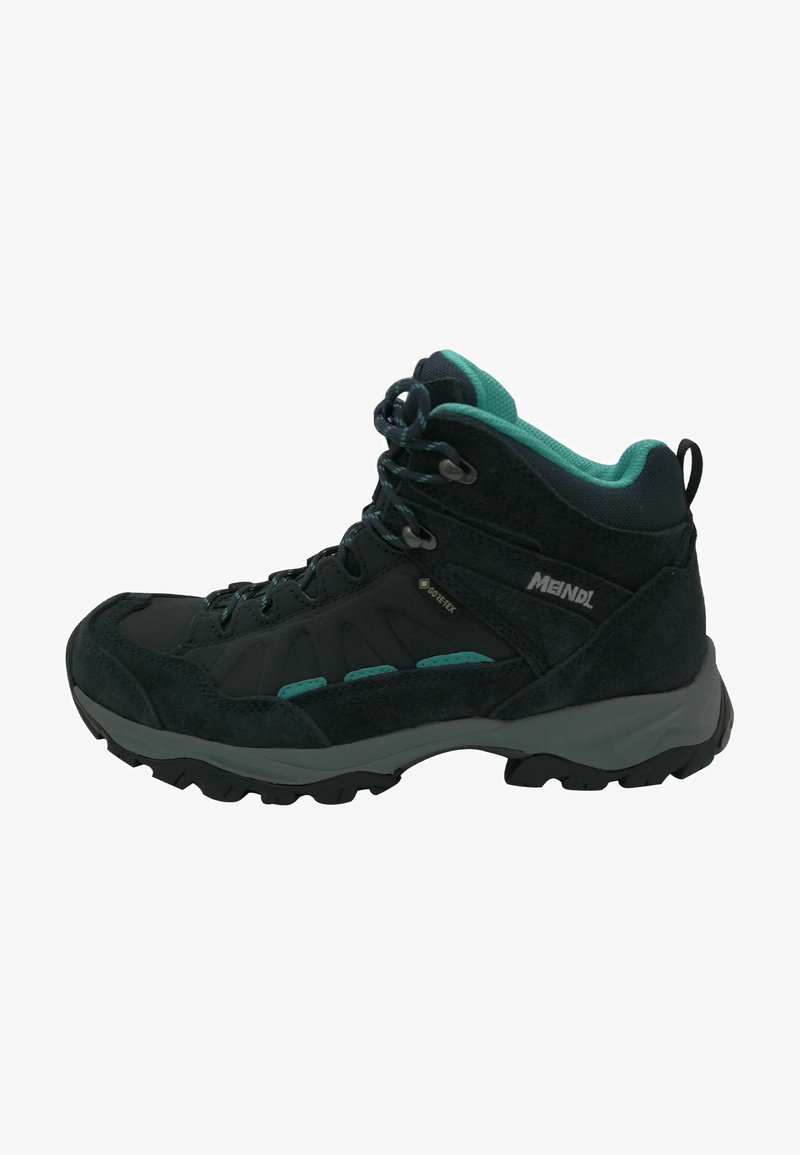 Black and teal hiking boot made of suede and mesh, featuring a high ankle design, durable rubber outsole, and secure lace-up closure.