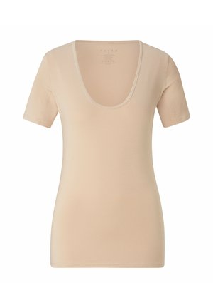 Beige t-shirt met korte mouwen en een ronde hals, gemaakt van zachte stof; aansluitend ontwerp met gladde naden en zonder versieringen.