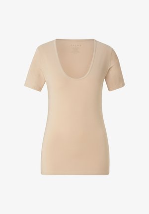 Beige t-shirt met korte mouwen en een ronde hals, gemaakt van zachte stof; aansluitend ontwerp met gladde naden en zonder versieringen.