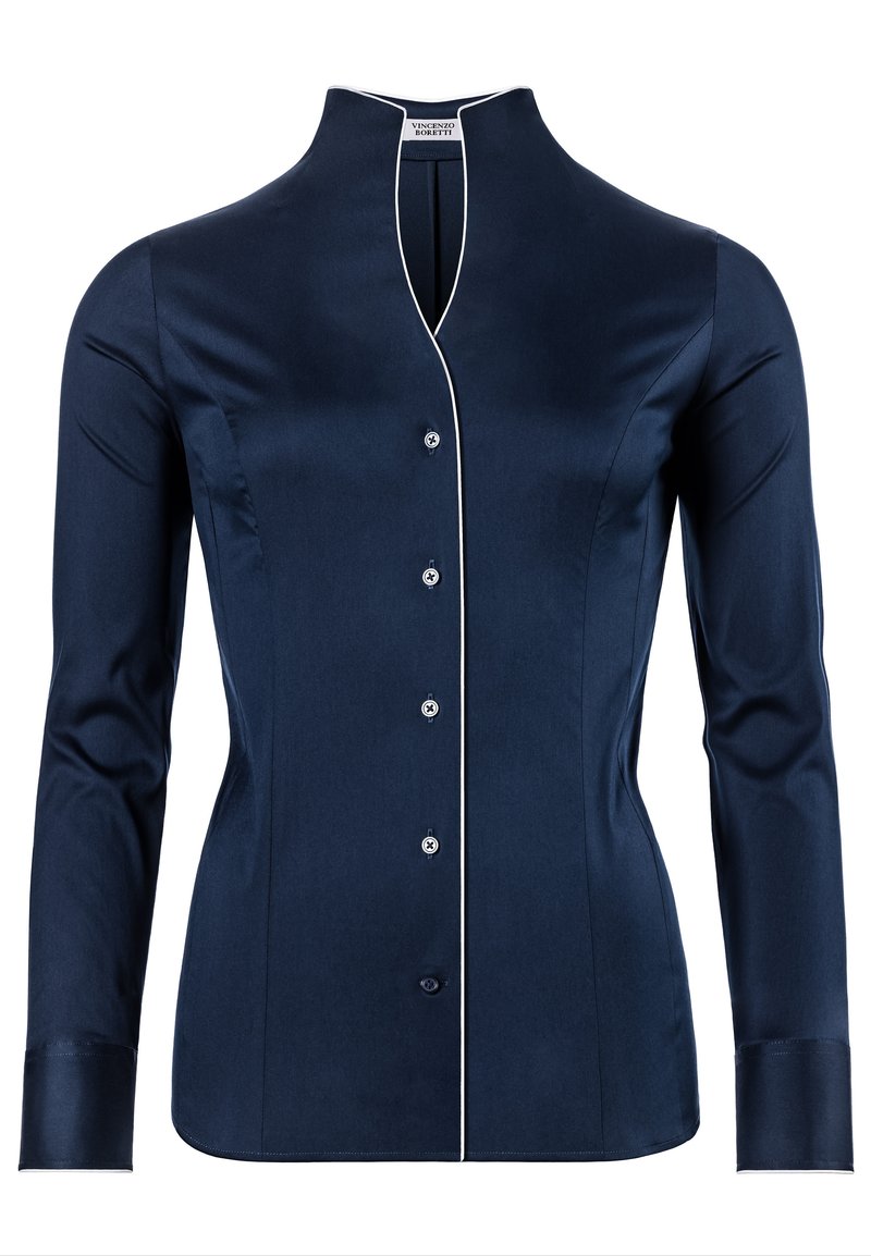 Navy blue long-sleeve shirt in smooth fabric featuring a stand collar and white trim along the edges, with front buttons and tailored shape.