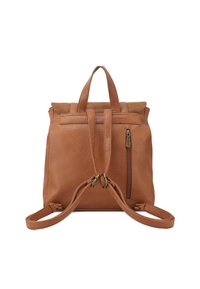 Zaino in pelle marrone con finitura texturizzata, parte superiore piatta, doppi manici e spallacci regolabili. Presenta una tasca con zip laterale per ulteriore spazio di archiviazione.