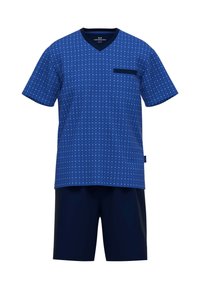 Blue short-sleeve top with a patterned design and a contrasting pocket. Paired with navy shorts, both made from lightweight fabric.