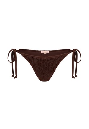 Brauner gehäkelter Bikini-Unterteil mit Bindebändern an den Seiten, verfügt über ein strukturiertes Design und eine dreieckige Form. Keine zusätzlichen Beschläge oder Verzierungen.