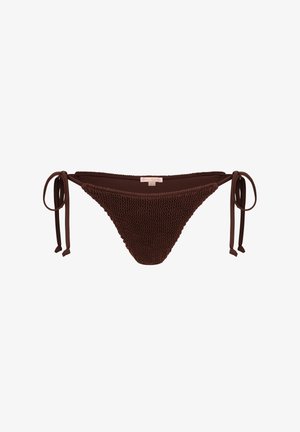 Brown crocheted bikini bottom with tie sides, featuring a textured design and triangular shape. No additional hardware or embellishments.