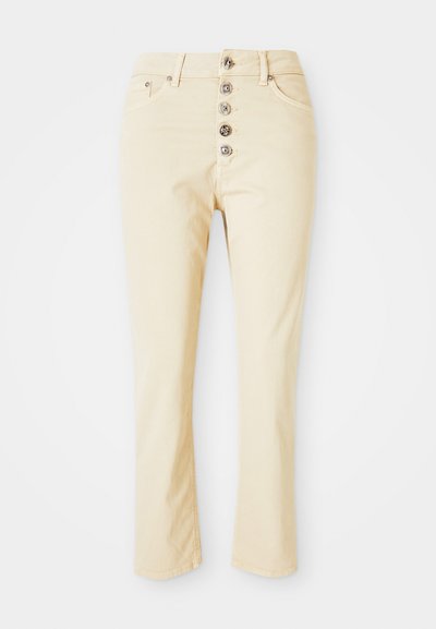 Beežid teksad, mis on valmistatud puuvillast, viie metallnupuga esiseos ja sirged sääred. Sile tekstuur ja klassikaline disain.