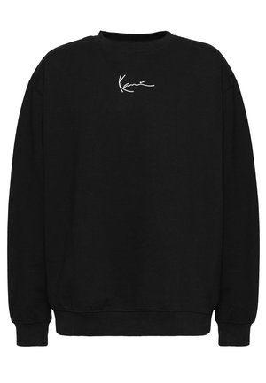 Sort sweatshirt lavet af en bomuldsblanding, med rund halsudskæring, lange ærmer og hvidt skrifttype-logo på brystet.