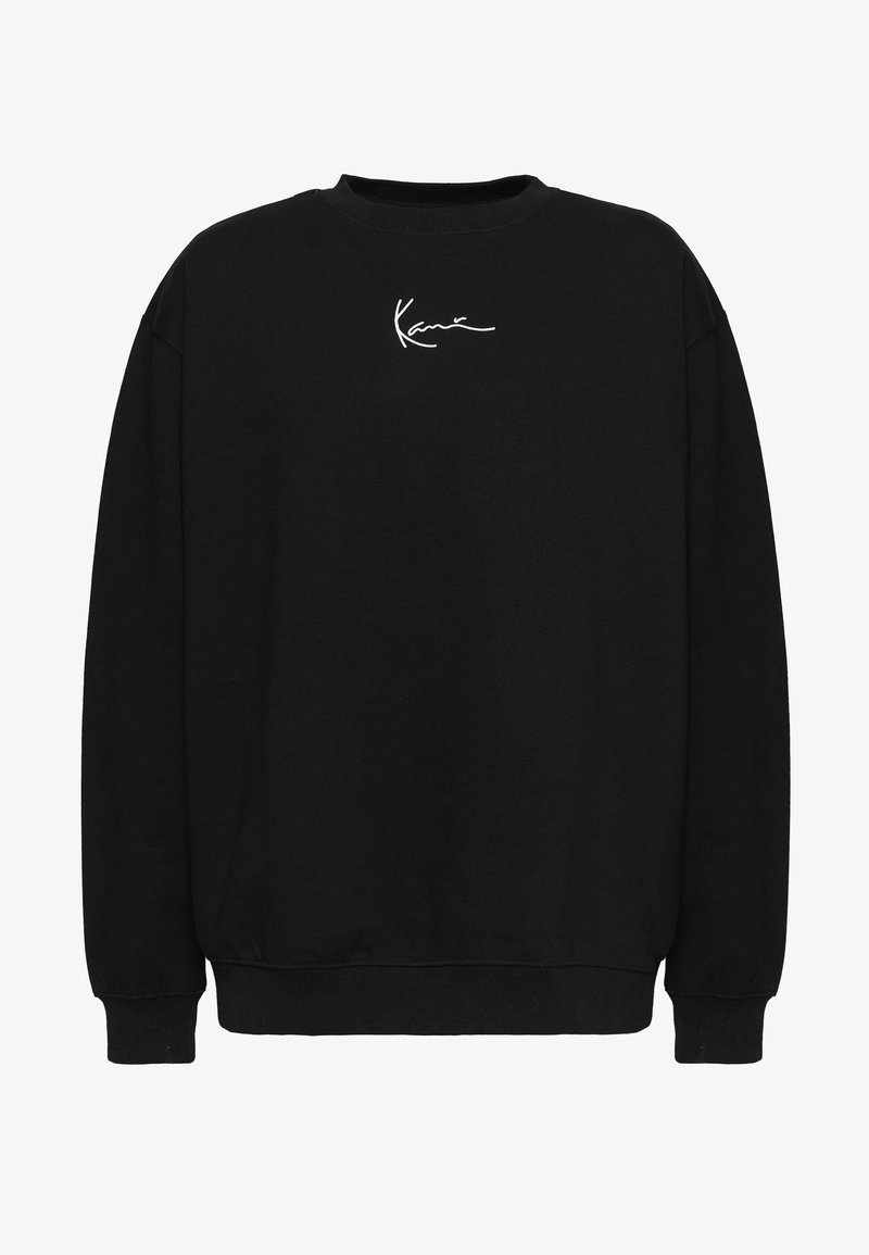 Felpa nera in misto cotone, con scollatura rotonda, maniche lunghe e logo bianco scritto sul petto.