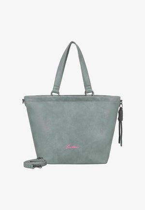 Sac cabas en similicuir gris avec un design effilé, double poignées et une bandoulière amovible. Comprend un logo rose et un détail de pompon décoratif.