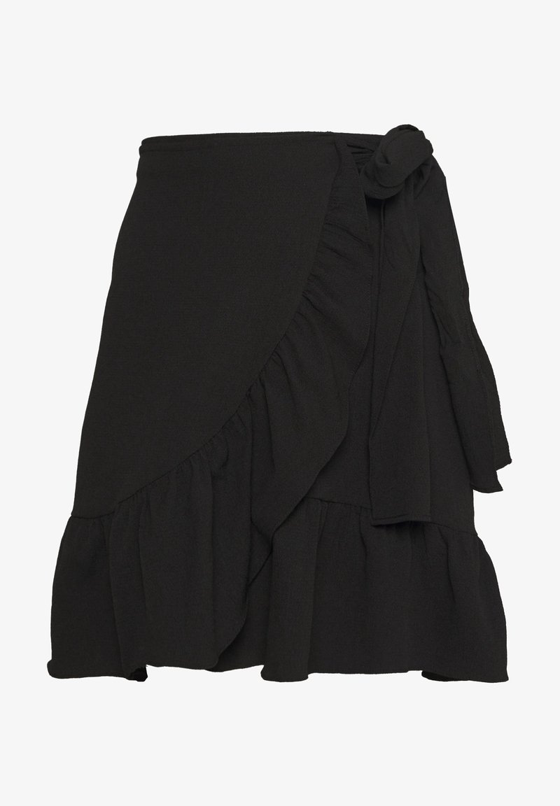Falda negra envolvente hecha de una tela suave, con un dobladillo con volantes y un detalle de lazo lateral. El diseño incluye una apariencia en capas.