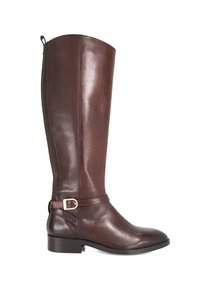 Brown leather knee-high boot with a smooth finish, a slim sole, and an adjustable strap with a gold buckle detail at the ankle.