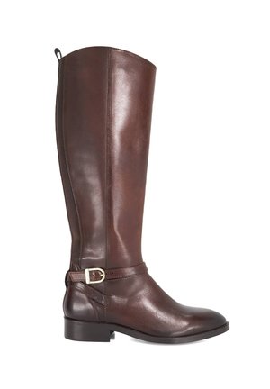 Brown leather knee-high boot with a smooth finish, a slim sole, and an adjustable strap with a gold buckle detail at the ankle.