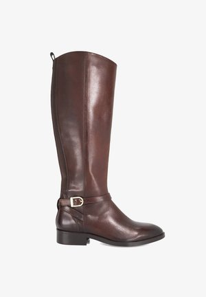 Brown leather knee-high boot with a smooth finish, a slim sole, and an adjustable strap with a gold buckle detail at the ankle.