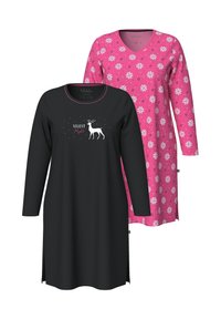 Dos camisones: uno negro con un gráfico de reno y el texto "NOCHE DE PAZ", y otro rosa con un patrón de copos de nieve. Cuellos en V, mangas largas.