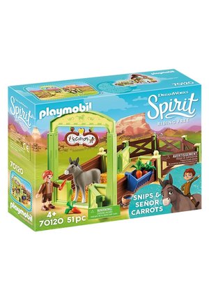 Playmobil set featuring a green barn, grey donkey, hay, carrots, and two figures. Includes fences and various accessories. 51 pieces total.