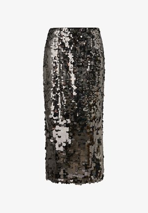 Black and silver sequined pencil skirt with a fitted design, reflecting light and showcasing a smooth texture throughout.