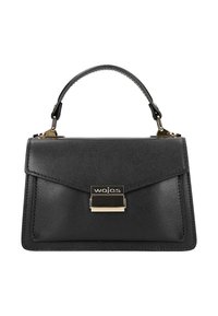 Sac à main en cuir noir avec un design structuré, une poignée supérieure, des accessoires en or et une fermeture à fermoir. Présente des détails cousus et un logo.