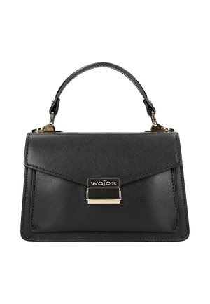 Zwarte leren handtas met een gestructureerd ontwerp, bovenhandvat, gouden hardware en een sluiting met een haak. Bevat gestikte details en een logo.