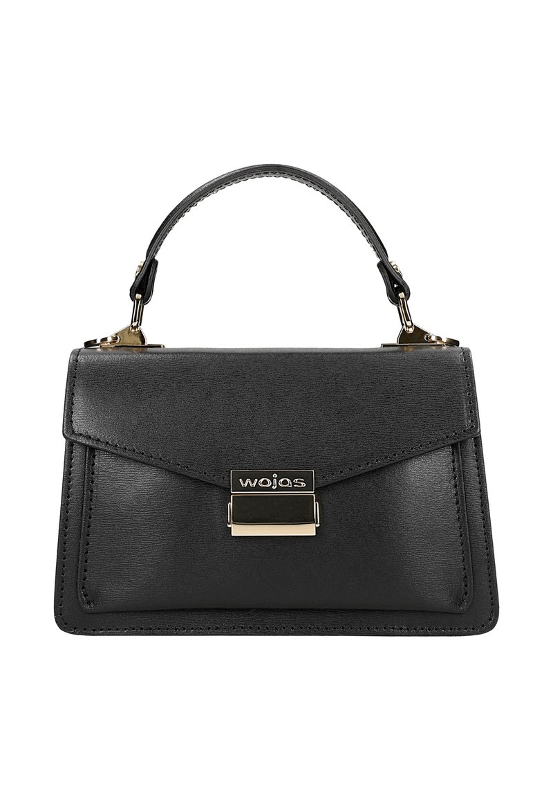 Sac à main en cuir noir avec un design structuré, une poignée supérieure, des accessoires en or et une fermeture à fermoir. Présente des détails cousus et un logo.