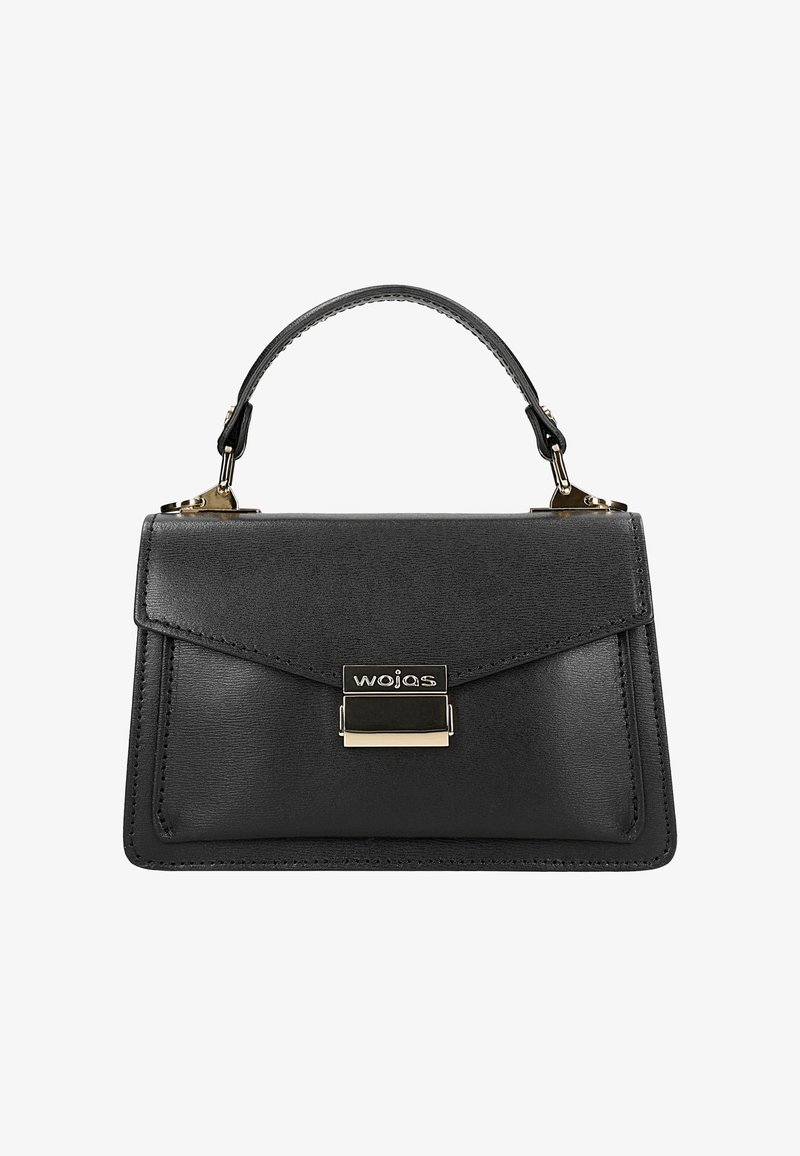 Borsa in pelle nera con design strutturato, manico superiore, hardware dorato e chiusura a scatto. Presenta dettagli cuciti e logo.