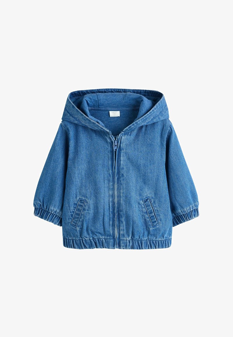 Blaue Denim-Jacke für Kleinkinder mit Kapuze, Frontreißverschluss, elastischen Bündchen und zwei schrägen Taschen.