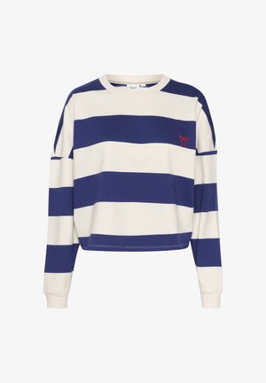 Kék és fehér csíkos pulóver, hosszú ujjú, rövidített fazonú, kis piros masnival hímzve a mellrészén. Puha anyagból készült.