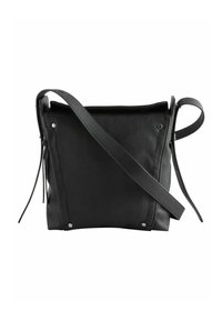 Borsa a tracolla nera in pelle con forma rettangolare, dotata di chiusura con cerniera, tracolla regolabile e dettagli in metallo argentato.