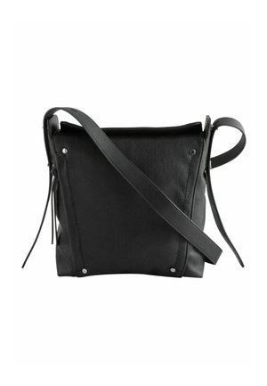 Black leather crossbody bag with a rectangular shape, featuring a zipper closure, adjustable strap, and silver-tone hardware accents.
