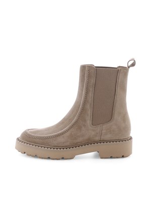 Lichtbrown suede enkelboots met elastische zijkanten, aantrekband en een robuuste rubberen zool, voorzien van gestikte details en een ronde neus.