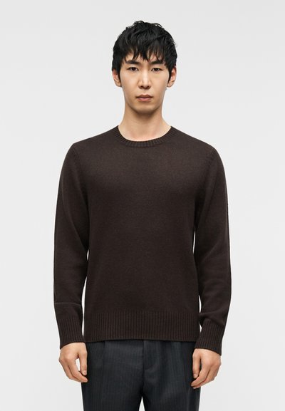 Pull marron à manches longues avec un col et un ourlet côtelés, fabriqué dans un matériau doux. Porté sur un pantalon foncé à fines rayures.