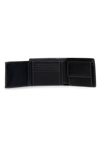 Black leather wallet with white stitching, featuring multiple card slots, a note compartment, and a closed zipper pocket.