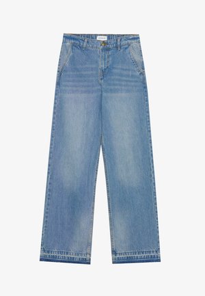 Lyseblå højtaljede wide-leg jeans med knaplukning, frontlommer, bæltestropper og diskret falmet detaljer.