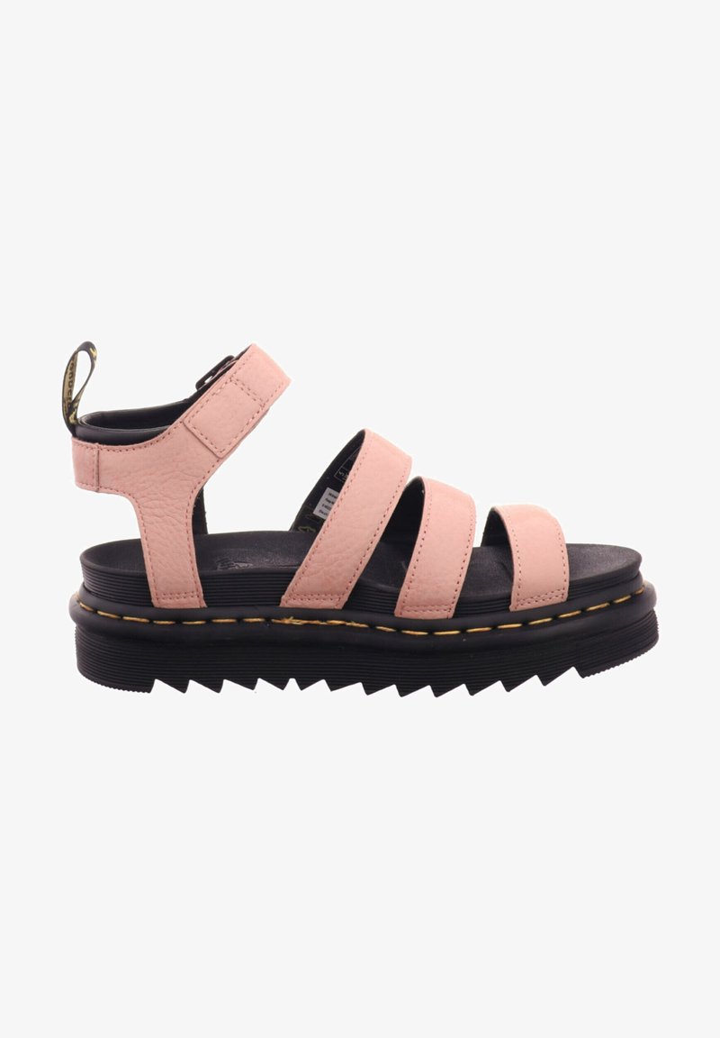 Sandali in pelle rosa con tre cinturini diagonali, suola nera testurizzata, cuciture gialle e una cinghia sul tallone per una vestibilità sicura.