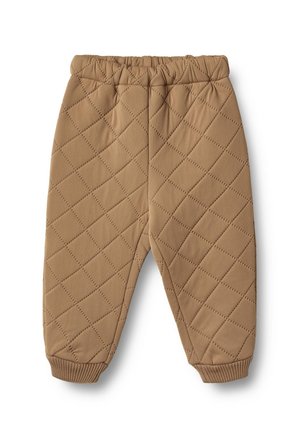 Tanhållande byxor med diamantmönster, elastisk midja och ribbade muddar vid anklarna. Tillverkade av mjukt, strukturerat material.