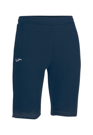 Marineblaue, knielange Sportshorts mit elastischem Bund und kleinem weißem Logo am linken Oberschenkel.