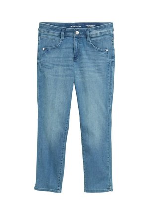 Jean en denim bleu avec une coupe droite, cinq poches et des détails de décoloration subtils. Équipé d'un bouton en métal et d'une fermeture éclair.